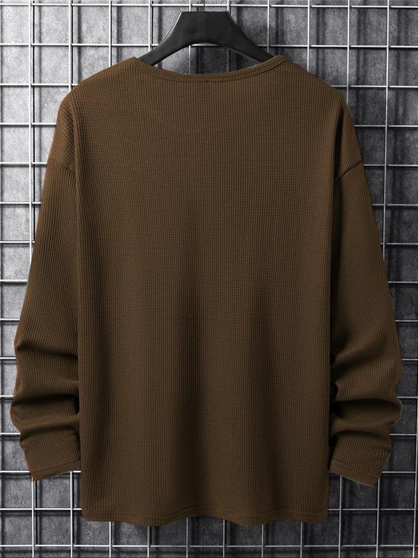 Men's Solid Button Front Waffle Knit Long Sleeve Tee, Regular Fit Casual Round Neck T-shirt for Fall & Winter, Men's Top for Daily Wear