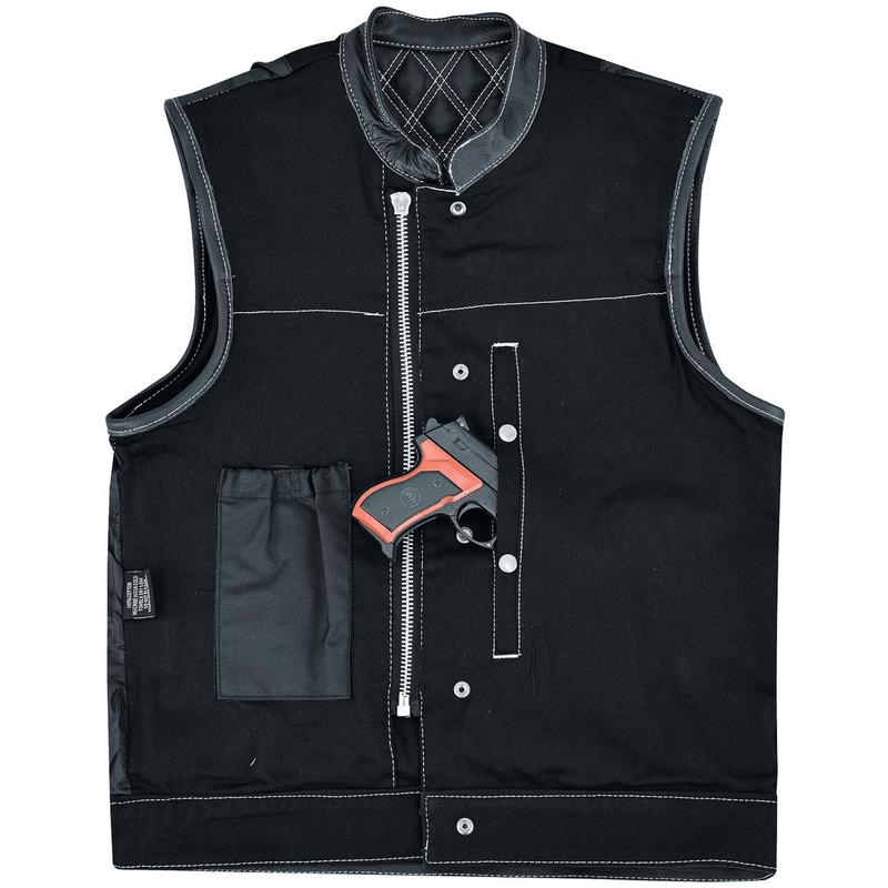 Men's Denim & Leather Motorcycle Vest with Inside Pockets and White Stitching