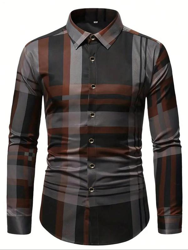 Men's Regular Fit Colorblock Geometric Print Button Front Shirt, Casual Long Sleeve Collared Top for Summer, Fashion Men's Clothes