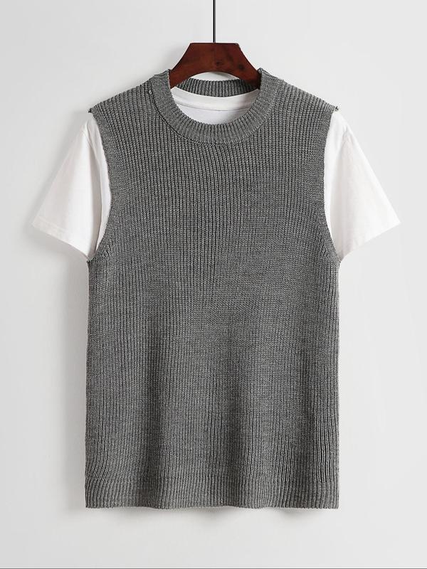 Men's Round Neck Sweater Vest without Tee, Regular Fit Casual Sleeveless Knitwear Top, Men's Knit Clothing for Daily Wear