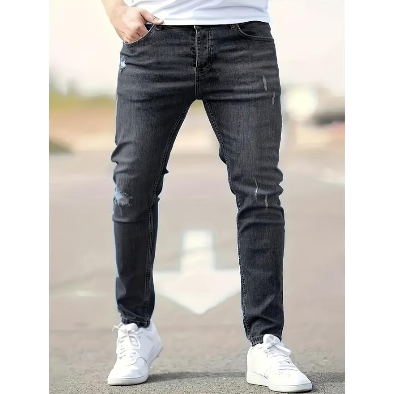 Ripped Design Cotton Slim Fit Jeans, Men's Casual Street Style Leg Mid Stretch Denim Pants For Spring Summer Menswear Polyester