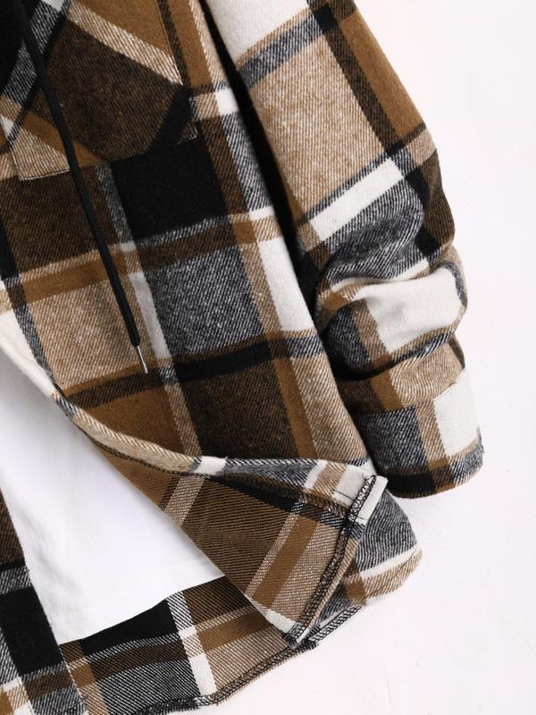 Men's Plaid Print Button Front Drawstring Hooded Shirt Jacket, Loose Casual Long Sleeve Pocket Outerwear for Fall & Winter, Men's Clothes for Daily Wear