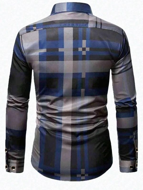 Men's Regular Fit Colorblock Geometric Print Button Front Shirt, Casual Long Sleeve Collared Top for Summer, Fashion Men's Clothes