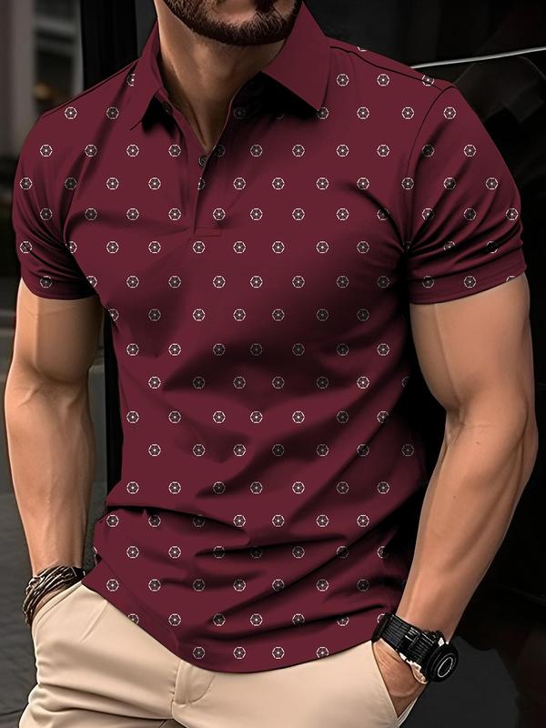 Men's Geometric Print Short Sleeve Polo Shirt, Casual Regular Fit Button Front Top for Summer,  Polo Clothes, Fashion Men's Clothes for Daily Wear