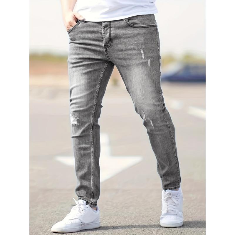 Ripped Design Cotton Slim Fit Jeans, Men's Casual Street Style Leg Mid Stretch Denim Pants For Spring Summer Menswear Polyester