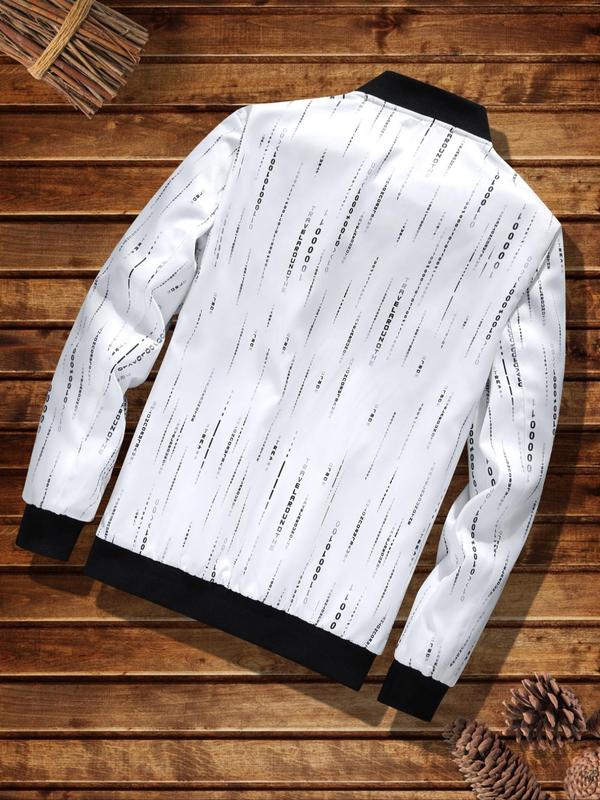 Men's All Over Print Zip Up Jacket, Regular Fit Casual Long Sleeve Contrast Binding Outerwear for Fall & Winter, Men's Clothes for Daily Wear