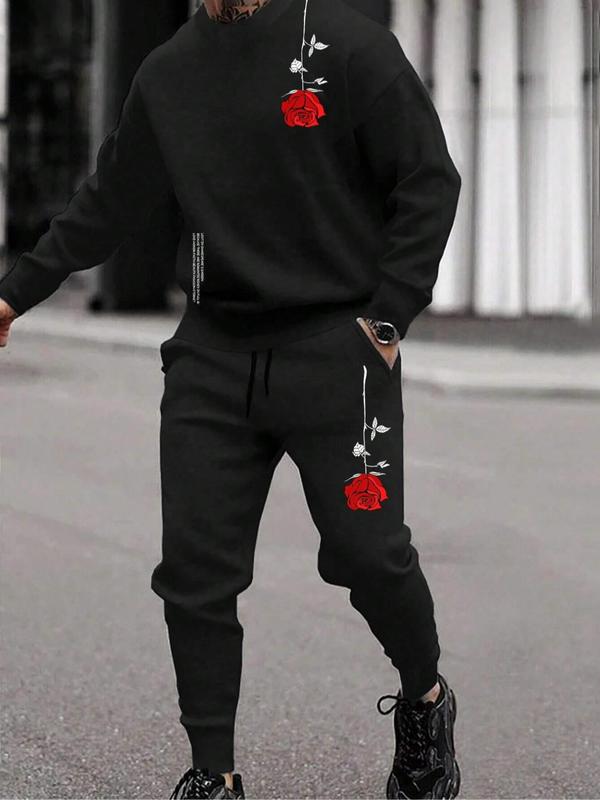 Men's Rose Letter Print Drop Shoulder Sweatshirt & Drawstring Waist Pocket Sweatpants Two-piece Set, Regular Fit Casual Fashion Cozy Breathable Two Piece Outfits for Daily Wear, Outfit Sets for Men, Men's Clothes for Fall & Winter