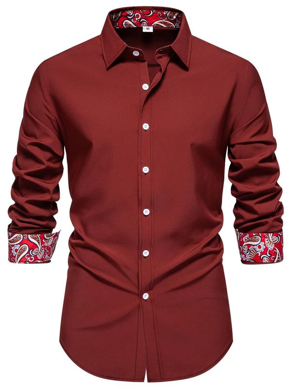 Men's Patchwork Print Button Front Shirt, Regular Fit Casual Long Sleeve Collared Top for Fall & Winter, Men's Clothes for Daily Wear