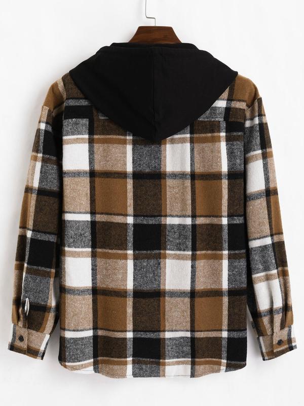 Men's Plaid Print Button Front Drawstring Hooded Shirt Jacket, Loose Casual Long Sleeve Pocket Outerwear for Fall & Winter, Men's Clothes for Daily Wear