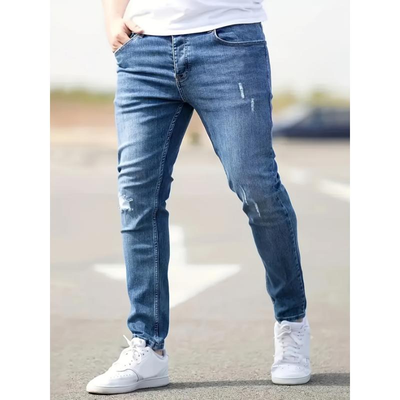 Ripped Design Cotton Slim Fit Jeans, Men's Casual Street Style Leg Mid Stretch Denim Pants For Spring Summer Menswear Polyester