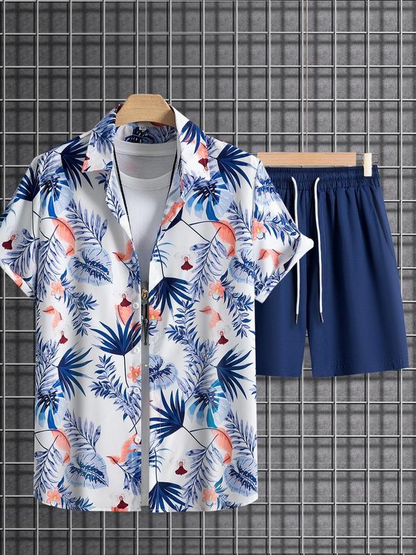 Two-Piece Set Men's Tropical Leaf Print Shirt & Drawstring Pocket Shorts Set, Casual Short Sleeve Button Front Hawaiian Shirt & Shorts Set, Summer Clothes