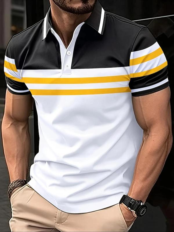 Men's Regular Fit Colorblock Short Sleeve Polo Shirt, Casual Half Button Collared Top for Summer, Fashion Men's Clothes for Daily Wear