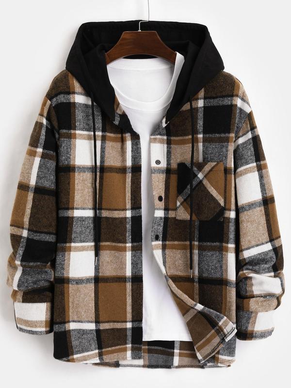 Men's Plaid Print Button Front Drawstring Hooded Shirt Jacket, Loose Casual Long Sleeve Pocket Outerwear for Fall & Winter, Men's Clothes for Daily Wear