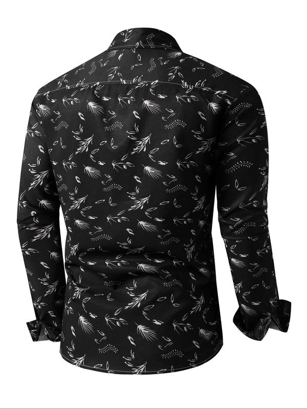 Men's Random Print Button Front Shirt, Casual Long Sleeve Collared Top for Fall & Winter, Men's Clothes for Daily Wear