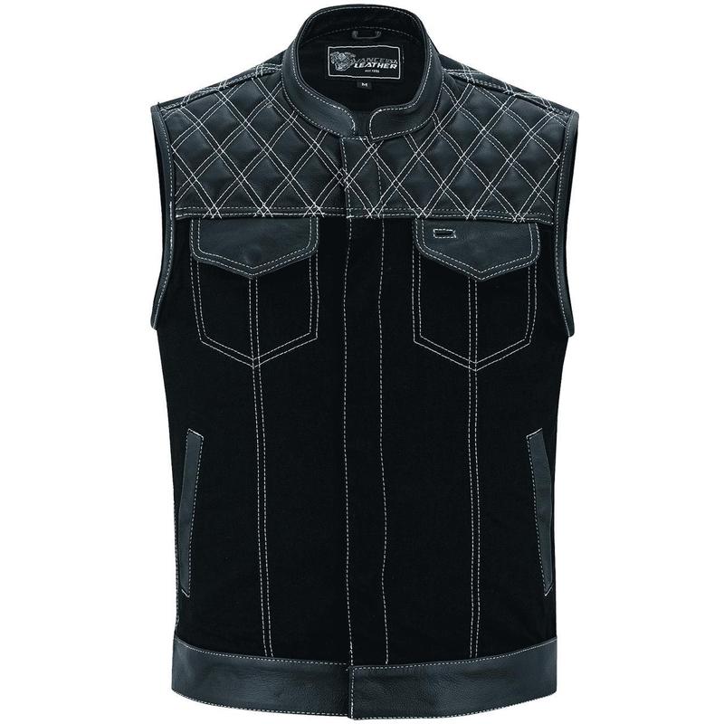 Men's Denim & Leather Motorcycle Vest with Inside Pockets and White Stitching