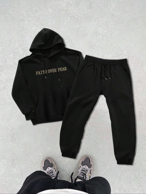 Two-Piece Set Men's Slogan Print Hoodie & Plain Drawstring Waist Sweatpants Set, Casual Long Sleeve Hooded Sweatshirt & Pocket Jogger Pants, Men's Fall & Winter Clothes