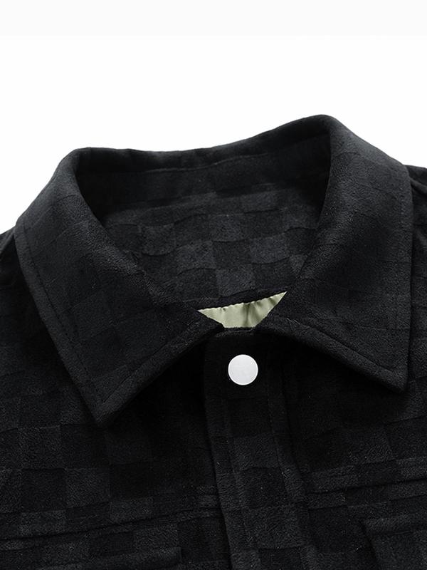 Men's Plain Plaid Print Button Front Suede Jacket, Regular Fit Casual Long Sleeve Collared Pocket Outerwear for Spring & Fall, Fashion Men's Clothes for Daily Wear