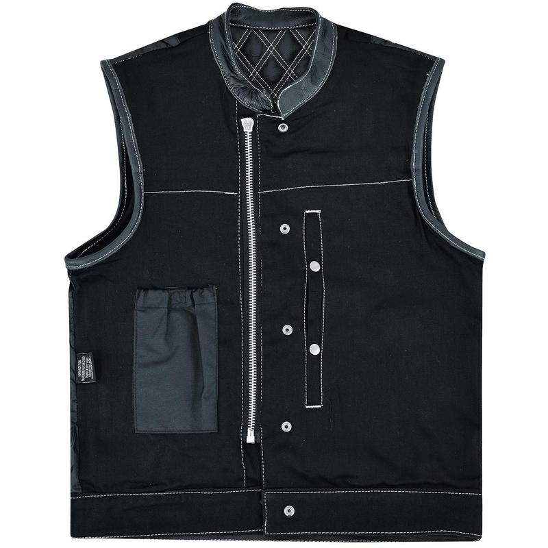 Men's Denim & Leather Motorcycle Vest with Inside Pockets and White Stitching