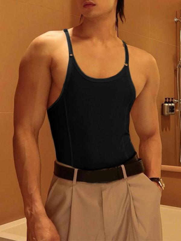 Men's Plain Backless Cami Bodysuit, Slim Casual Adjustable Strap Sleeveless Bodysuit for Summer, Fashion Men's Streetwear Clothes for Daily Wear