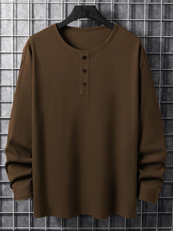 Men's Solid Button Front Waffle Knit Long Sleeve Tee, Regular Fit Casual Round Neck T-shirt for Fall & Winter, Men's Top for Daily Wear