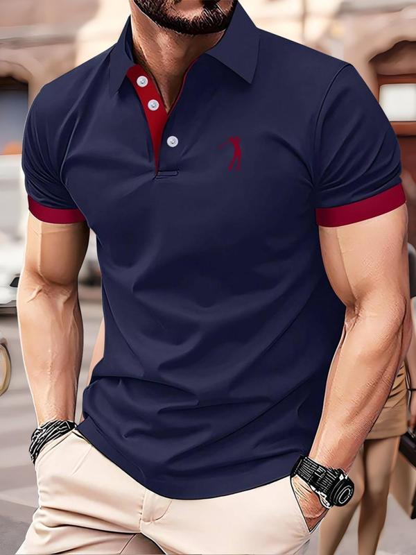 Men's Graphic Contrast Binding Polo Shirt, Regular Fit Casual Short Sleeve Button Front Top for Summer, Fashion Men's Clothes for Daily Wear