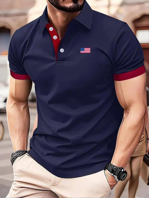 Men's American Flag Print Short Sleeve Polo Shirt, Casual Regular Fit Button Front Collared Top for Summer, Fashion Men's Clothes for Daily Wear