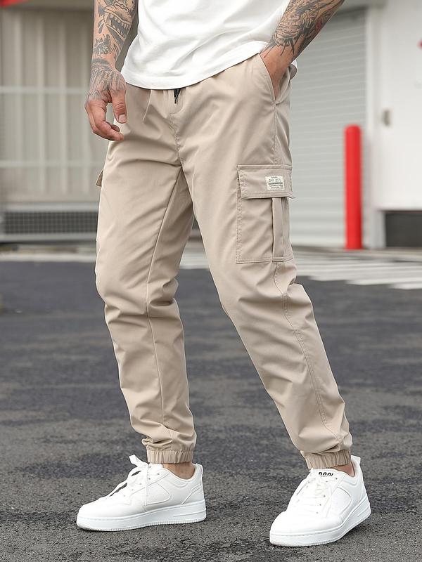 Men's Regular Fit Solid Pocket Drawstring Waist Cargo Pants, Casual Streetwear Trousers for Summer, Fashion Men's Bottoms for Daily Wear