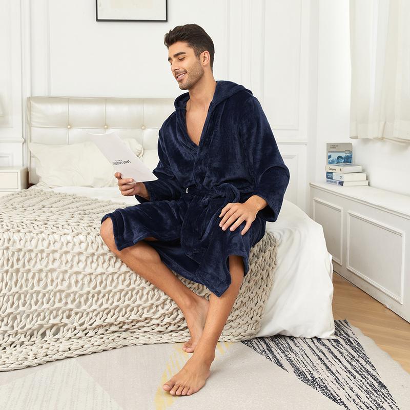 Solid Color Hooded Kimono Shower Robe for Men Autumn Winter Warm Shower Bathrobe Gown Soft Home Clothes with Pocket Nightgown