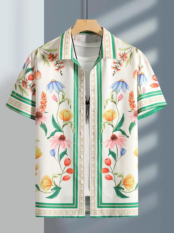 Men's Floral Print Button Front Shirt without Tee & Necklace, Regular Fit Casual Short Sleeve Collar Shirt, Summer Clothes, Fashion Men's Top for Daily Wear