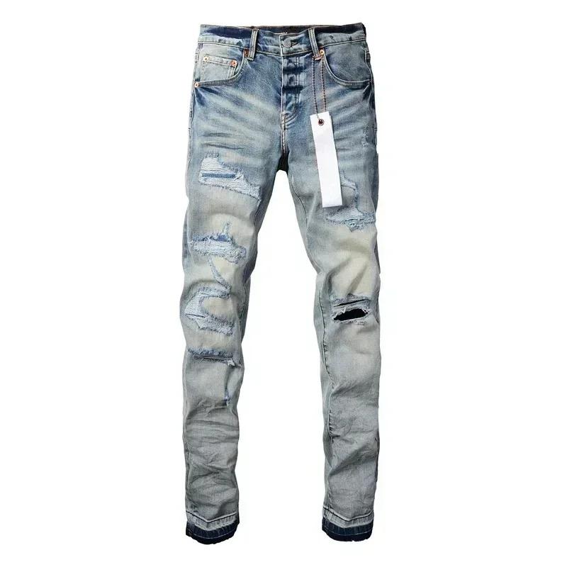 New Fashion Purples jeans man brands with distressed hole patches Fashion Repair Low Rise Skinny Denim pants 28-40 size