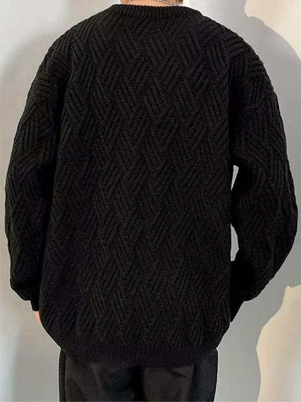  Solid Textured Drop Shoulder Sweater, Sweaters for Fall, Casual Long Sleeve Round Neck Jumper for Fall & Winter, Men's Knitwear for Daily Wear