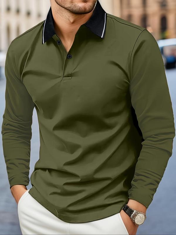 Men's Regular Fit Contrast Binding Button Front Polo Shirt, Casual Long Sleeve Top for Spring & Fall, Menswear for Daily Wear