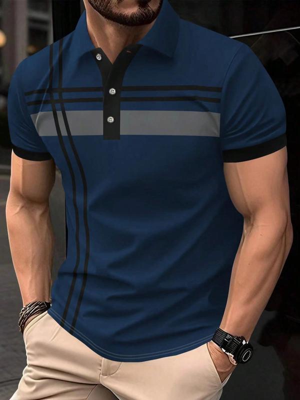 Men's Striped Print Contrast Binding Polo Shirt, Polo Shirts Men, Casual Short Sleeve Button Front Polo Collar Shirt, T Shirt for Summer, Fashion Men's Clothes for Daily Streetwear