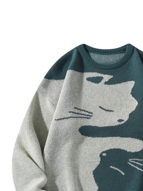 Men's Cat Print Drop Shoulder Sweater, Loose Casual Long Sleeve Round Neck Jumper for Fall & Winter,  Fall Outfits 2024,  Men's Knitwear for Daily Wear