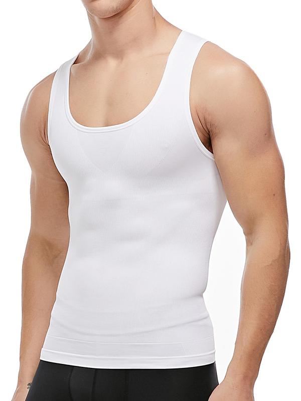 Men's Solid Textured Racer Back Tank Top, High Stretch Tummy Control Shaper Vest, Men's Shapewear Top for All Seasons