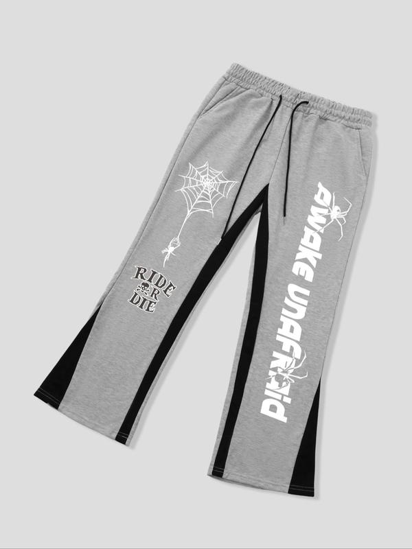 Men's Letter & Spider Web Print Drawstring Waist Flare Leg Sweatpants, Casual Comfy Pocket Design Bell Bottom Trousers for Daily Wear, Men's Bottoms for Fall & Winter