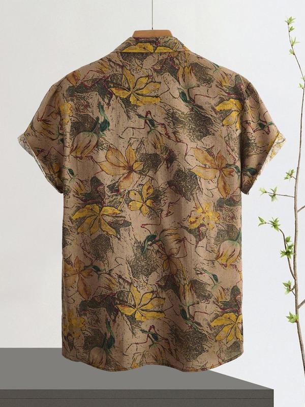 Men's Floral Print Button Front Shirt, Summer Outfits 2024, Loose Boho Casual Short Sleeve Collar Top for Summer, Streetwear, Shirts for Men, Men's Clothes for Beach Vacation