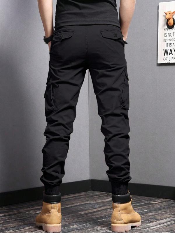 Men's Solid Pocket Cargo Pants, Loose Casual Drawstring Waist Trousers for Men, Woven Bottoms for All Seasons