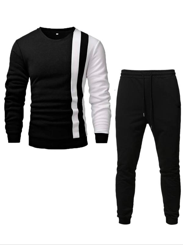 Men's Patchwork Print Zip Up Sweatshirt & Drawstring Waist Sweatpants Two-piece Set, Regular Fit Casual Long Sleeve Round Neck Pullover & Pocket Jogger Pants for Spring & Fall, Men's Two-piece Outfits for Daily Wear