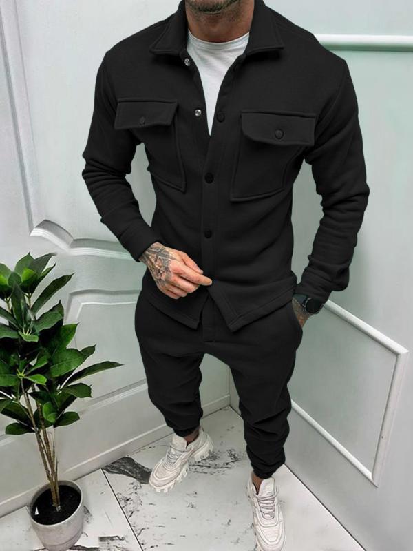 Men's Solid Button Front Jacket & Pocket Pants Two-piece Set, Regular Fit Casual Long Sleeve Pocket Collared Outerwear & Trousers for Spring & Fall, Men's Clothes for Daily Wear