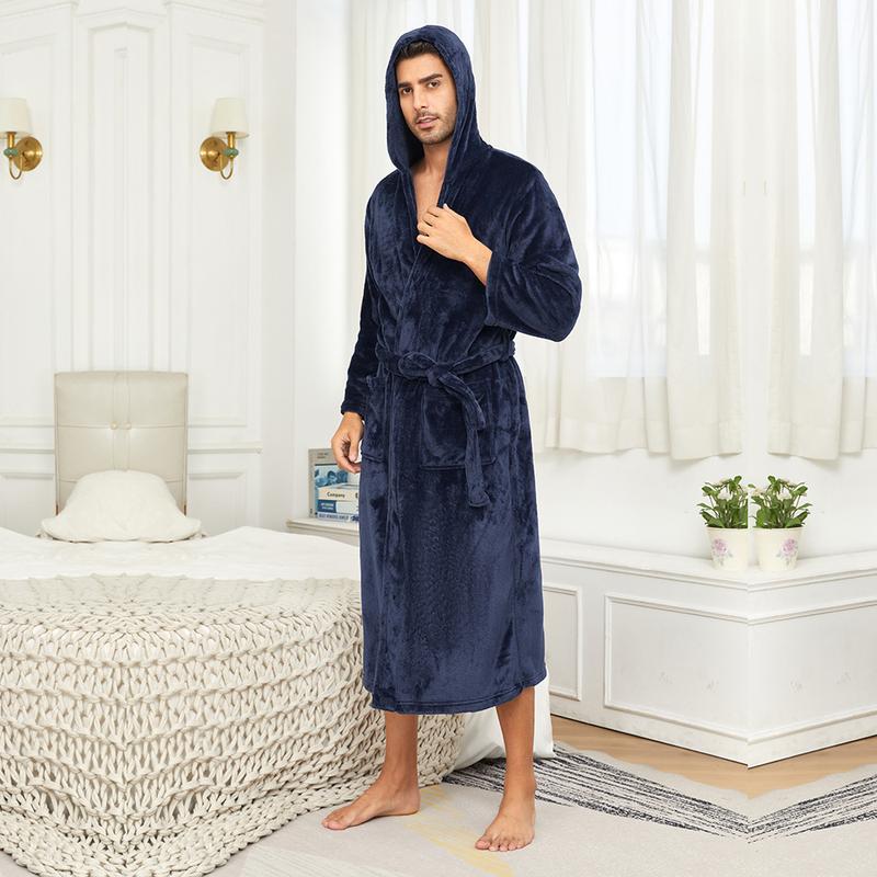 Solid Color Hooded Kimono Shower Robe for Men Autumn Winter Warm Shower Bathrobe Gown Soft Home Clothes with Pocket Nightgown