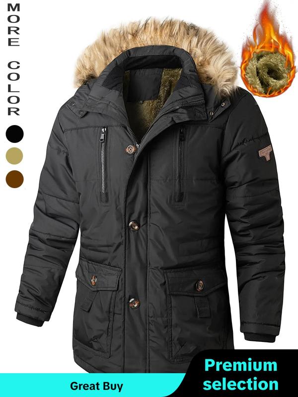 Men's Flap Pockets Button Front Thermal Lined Hooded Coat, Winter Coats, Slim Fit Casual Fuzzy Trim Zipper Winter Jacket, Men's Fall Clothing, Men's Outerwear for Daily Wear