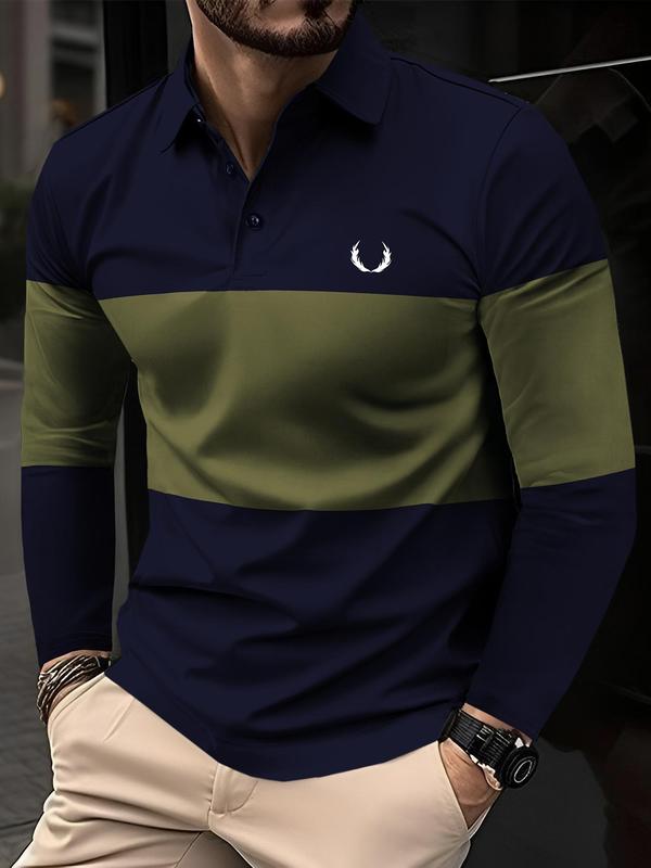 Men's Regular Fit Colorblock Polo Shirt, Casual Long Sleeve Top for Fall & Winter, Men's Clothes for Daily Wear