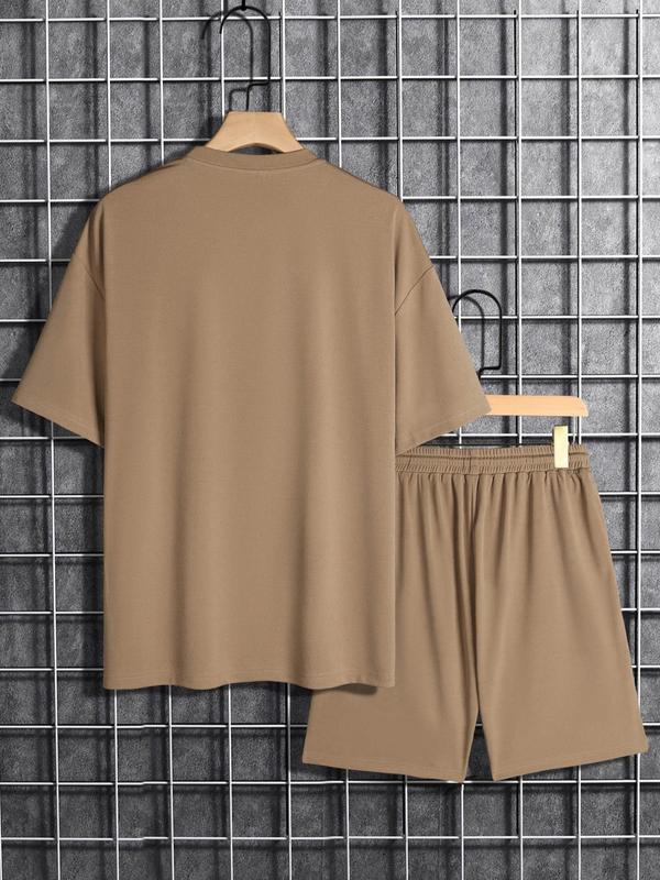 2 Piece Set Men's Stylish Letter Print Drop Shoulder Round Neck Tee & Drawstring Shorts Set, Casual Classic Crew Neck Short Sleeve T-Shirt & Track Shorts for Formal Wear, Summer Men Clothes Set for Outdoor Wear, Menswear Suits