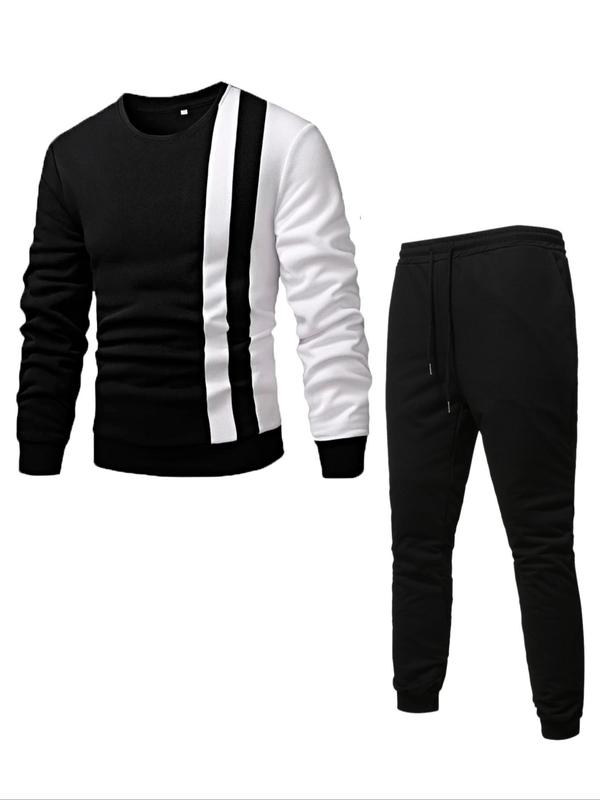 Men's Patchwork Print Zip Up Sweatshirt & Drawstring Waist Sweatpants Two-piece Set, Regular Fit Casual Long Sleeve Round Neck Pullover & Pocket Jogger Pants for Spring & Fall, Men's Two-piece Outfits for Daily Wear