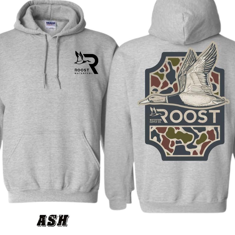 Roost Waterfowl Hoodie - Sand-Colored Pullover with Flying Waterfowl and Camo Design, Comfortable Unisex Apparel for Outdoor and Hunting Enthusiasts Classic Crewneck Tops Underwear Menswear