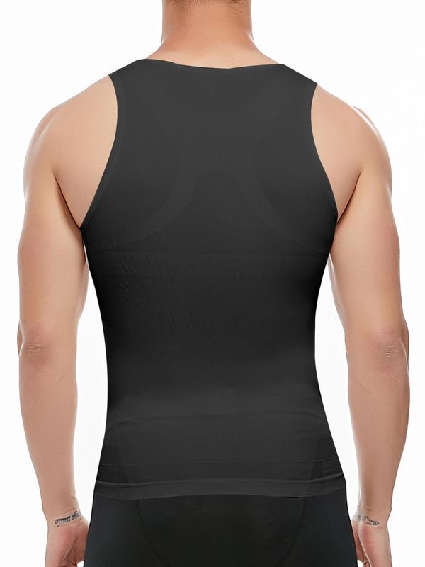 Men's Solid Textured Racer Back Tank Top, High Stretch Tummy Control Shaper Vest, Men's Shapewear Top for All Seasons