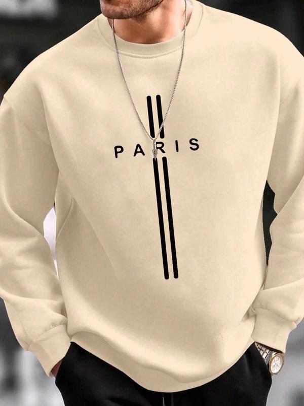 Men's Letter & Striped Print Round Neck Thermal Lined Sweatshirt, Loose Casual Long Sleeve Pullover for Fall & Winter, Men's Clothes for Daily Wear