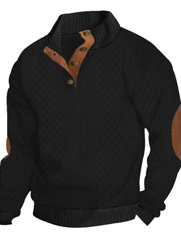 Men's Patchwork Jacquard Button Front Sweatshirt, Regular Fit Casual Long Sleeve Stand Collar Pullover for Fall & Winter, Men's Clothes for Daily Wear