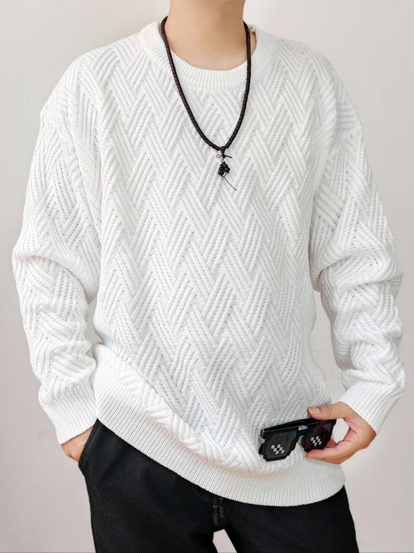  Solid Textured Drop Shoulder Sweater, Sweaters for Fall, Casual Long Sleeve Round Neck Jumper for Fall & Winter, Men's Knitwear for Daily Wear